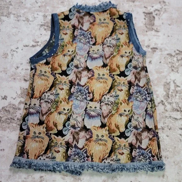 Handmade Cat Tapestry Vest Denim Trim Pockets Cottagecore Boho Upcycled - Picture 3 of 9
